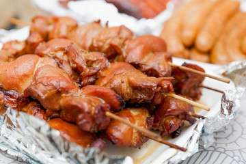 Bar-B-Q or BBQ with kebab cooking close up. chicken meat grilled and ready to eat