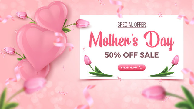 Mother's Day Special Offer. 50 percent Off Sale banner design with frame, pink heart shaped balloons on rosy background