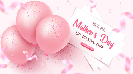Mother's Day Special Offer. 50 percent Off Sale banner design with white sheets, pink air balloons on rosy background