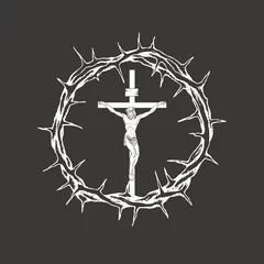 Foto op Plexiglas Vector banner with a crucifix inside a crown of thorns. Religious illustration on the theme of Easter or Good Friday. Cross with crucifixion of Jesus Christ, a symbol of Christianity and Catholicism © paseven
