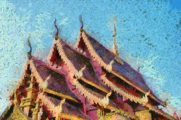 Ancient temples, art and architecture in the northern Thai style Illustrations creates an impressionist style of painting.