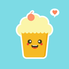 Cupcakes with cute face. kawaii Comic characters. Vector cartoon in flat style. can Use for card, mascot poster, banner, web design and print on t-shirt. Easy to edit.