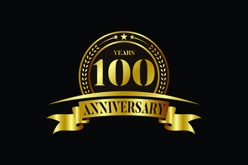 Elegant gold emblem celebrating 100 years anniversary with ribbon and stars