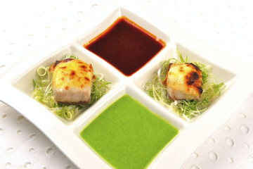 Food portrait of Fried fish with source