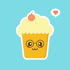 Cupcakes with cute face. kawaii Comic characters. Vector cartoon in flat style. can Use for card, mascot poster, banner, web design and print on t-shirt. Easy to edit.
