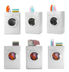 Set with modern washing machines on white background