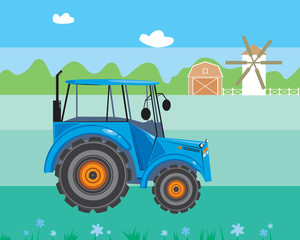 A tractor works in a field on a farm, a mill, a blue sky with clouds on the background, a flat vector stock illustration as a concept of eco farm and agriculture
