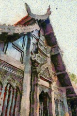 Ancient temples, art and architecture in the northern Thai style Illustrations creates an impressionist style of painting.