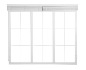 Modern window with open blinds on white background