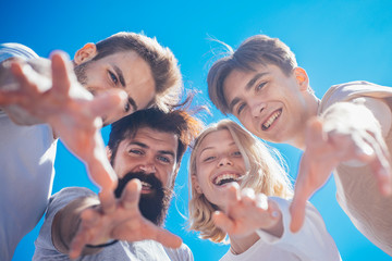 Happy friends vacation. Business team. Friendship relations. Group of friends at clear sky background. Happy to spend time together. Student time and youth concept.