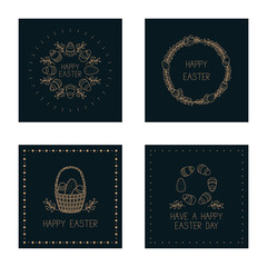 Easter greeting cards collection. 4 greeting cards with hand drawn easter eggs, basket and flower elements. Vector illustration. 