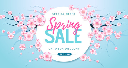Spring big sale poster with full blossom flowers. Spring background