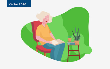 Woman with open book sitting on chair. Reading, female book reader, hot drink flat vector illustration. Leisure, hobby, novel concept for banner, website design or landing web page