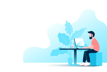 Young modern man with a beard works at the computer in the office. Sits by the table. Vector illustration.