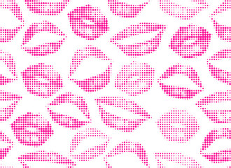 Halftone vector pink lips on white background. Seamless woman's lips pattern for template, paper, card, cloth, fabric