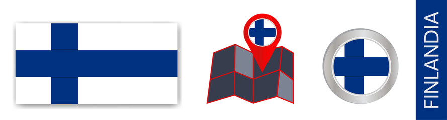 The collection of the national flag of Finland is isolated in official colors and the pin map icon of Finland with the country's flag.