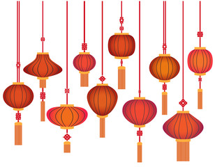 Fototapeta na wymiar Chinese traditional lanterns. National classic design, objects isolated. Vector set of 10.