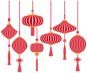 Chinese traditional lanterns. National classic design, objects isolated. Vector set of 10.