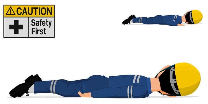 A worker is laying down on white background