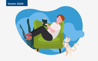 Male cat owner relaxing in armchair with book. Reading man, homework, pet flat vector illustration. Home, leisure, coziness concept for banner, website design or landing web page