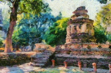 Ancient pagoda Illustrations creates an impressionist style of painting.