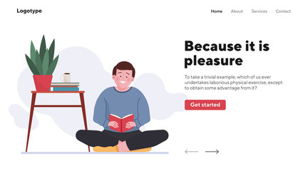 Student guy reading book at home. Happy young man sitting on floor with book flat vector illustration. Education, learning, homework lover concept for banner, website design or landing web page