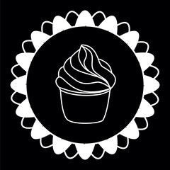 Cupcake pastry isolated icon. Line art style creamy dessert isolated on black background. Bakery design logo in round frame. Sweets shop symbol template. Sticker design. Vector hand drawn Illustration