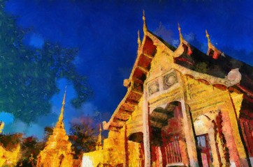 Wat Phra Singh Temple Chiang Mai Thailand Illustrations creates an impressionist style of painting.