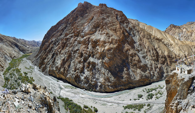 Techa gompa (Umlung) and mountains along the Markha valley trek. Ladakh, India