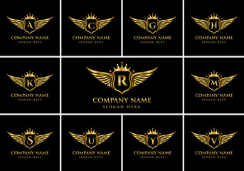 Luxury wing emblem alphabets logo set with crest Gold color Logo vector © Syifa5610