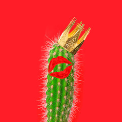 Cactus sexy red lipps red background Creative pop art collage