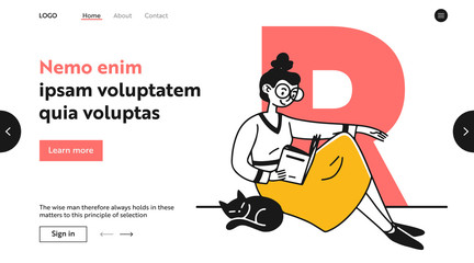 Book worm with cat. Nerdy student girl in big glasses reading book flat vector illustration. Library, geek, studying, education concept for banner, website design or landing web page
