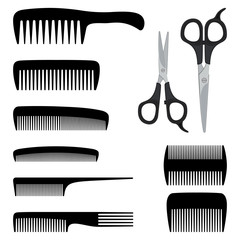 Collection of combs and scissors for hairdressing. Abstract concept, icon set. Vector illustration.