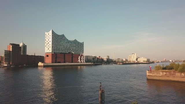 Aerial view of Elbphilharmonie Hamburg in golden hour shot in 4k