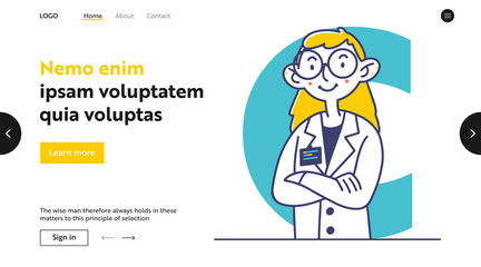 Female doctor in white coat and glasses. Practitioner, physician, badge flat vector illustration. Examination, checkup, healthcare concept for banner, website design or landing web page