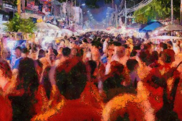 Chiang Mai Walking Street Thailand Handicraft market Illustrations creates an impressionist style of painting.