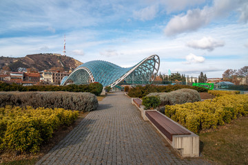 Bridge of peace, glassed bridge above river in Tbilisi, Georgia.