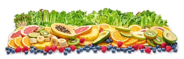 Obraz na płótnie Canvas Fresh fruit greens healthy diet concept. Tropical mixed citrus salad food background, pineapple, orange isolated on white. Colorful fruits berries. Dieting health meal vegetarian health concept