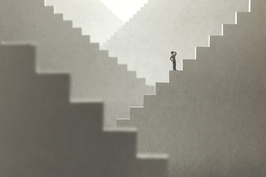 surreal concept of a man rising stairs to try to reach the top
