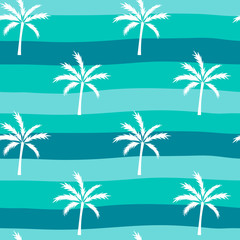 Fototapeta na wymiar Silhouettes of palm trees, vector seamless pattern. Suitable for fabric, Wallpaper, paper and other surfaces. White plants on the background of sea waves