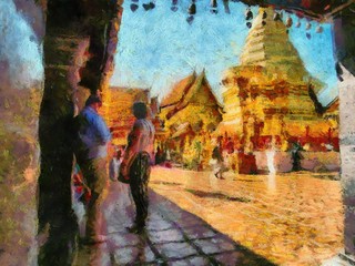 Wat Phra That Doi Suthep Temple Chiang Mai Thailand Illustrations creates an impressionist style of painting.