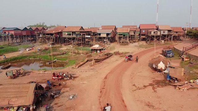 Stilt houses in Cambodia. Aerial footage in Kampong Khleang the biggest floating village in the north oth the Tonle Sap lake in Cambodia