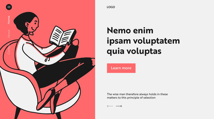 Young woman reading novel at home. Girl sitting in armchair with book flat vector illustration. Library, education, book reader concept for banner, website design or landing web page