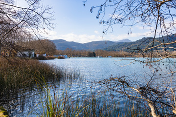 Panoramic of Lake Banyoles from the Parc de la Draga, Catalonia, Spain