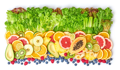 Fresh fruit greens healthy diet concept. Tropical mixed citrus salad food background, pineapple, orange isolated on white. Colorful fruits berries. Dieting health meal vegetarian health concept