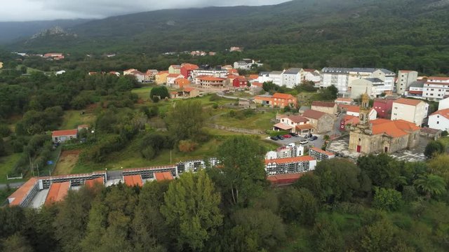 Sky view of the horreo de carnota ( long grain storage container ) and residential area of the city of Carnota, Spain, Europe