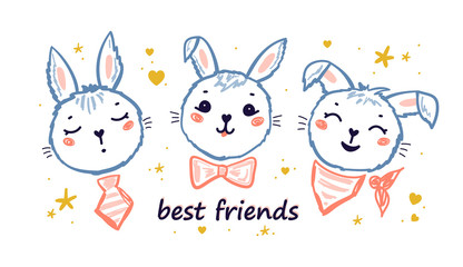 Obraz na płótnie Canvas Poster with Doodle Cute Bunnies Easter Little Rabbit Faces Vector Set. Hares Illustration for Kids Fashion, Nursery, Baby Shower Scandinavian Design