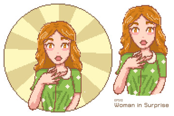vector pixel art woman is surprised, character isolated and character on background