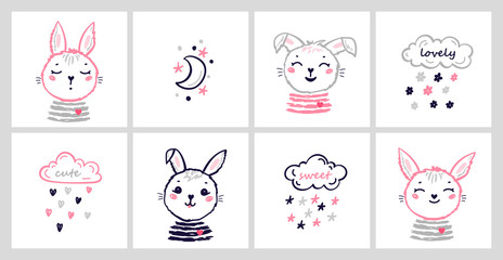 Vector Poster Set with Doodle Cute Bunnies. Easter Little Rabbit Faces and Rain Clouds with Stars, Hearts, Flowers. Hares Illustration for Kids Fashion, Nursery, Baby Shower Scandinavian Design