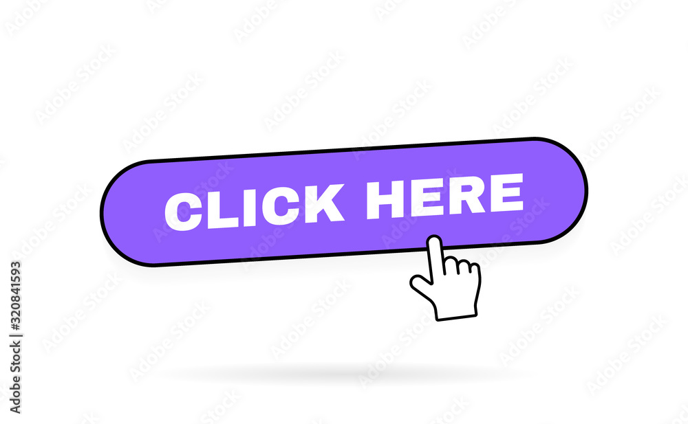 Fototapete click here geometric button label with hand pointer clicking. modern vector illustration